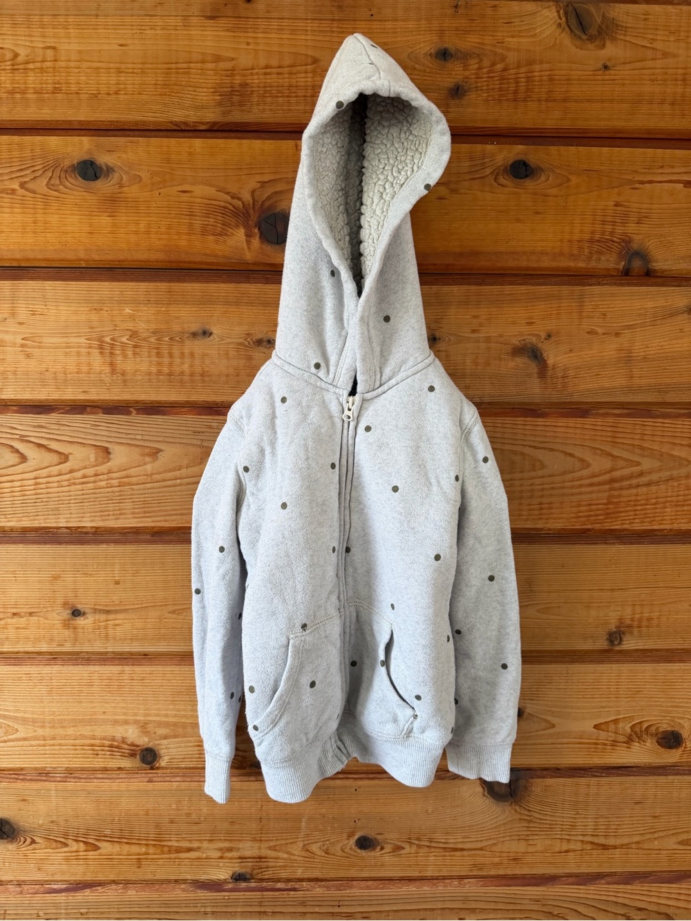 OshKosh B'gosh Light Gray Hooded Sherpa Puffer with Polka Dots